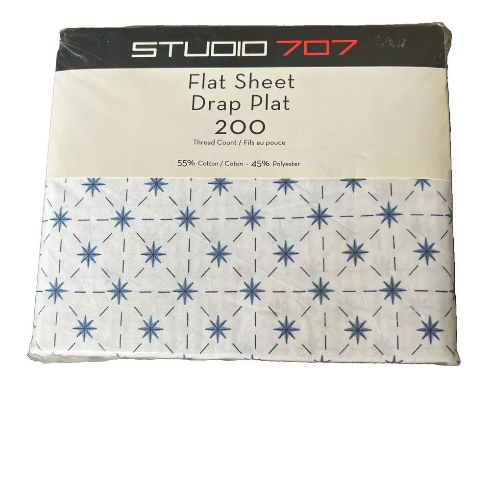 Vintage Studio 707 Twin Flat Sheet White Blue Atomic Pattern 200 Thread Ct New